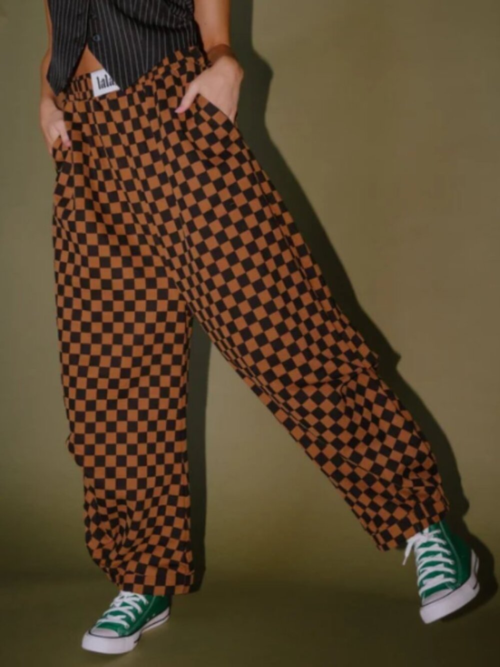 Dressed in LALA Rocky Harem Pants in Caramel + Black Checkerboard